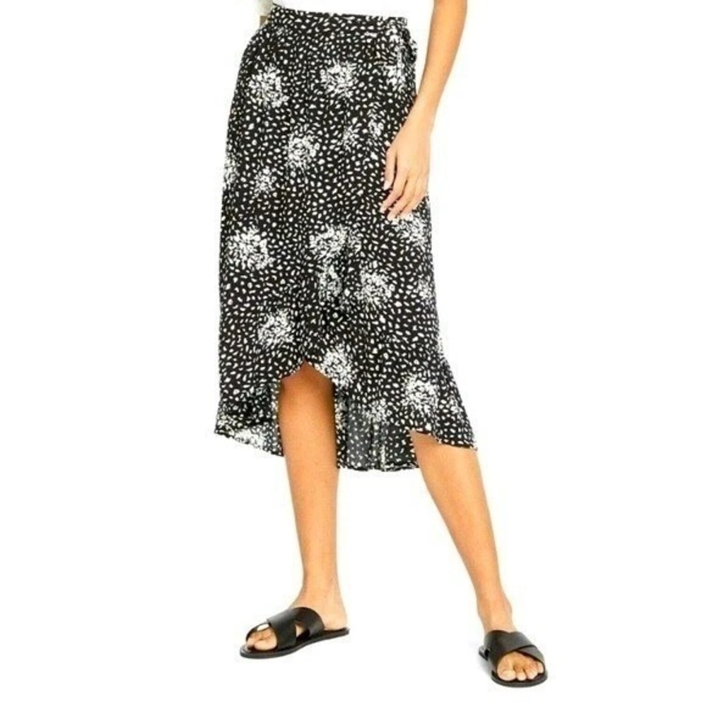 Knox Rose Floral Wrap Skirt Womens XL Black White Ruffle High Low Boho Casual